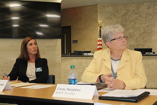 Shawnee Mission School Board candidates Mandi Serrone Hunter, left, and Cindy Neighbor (incumbent), right, were two of five candidates who participated in a forum for the at-large seat last week.
