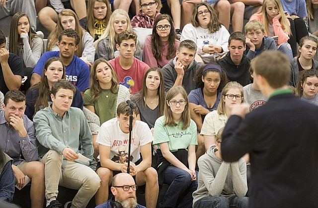 A gathering of Free State students listen as Tyler Ruzich, a 17-year-old gubernatorial candidate from Shawnee Missio North High School, lays out his campaign platform on Thursday, Oct. 19, 2017 in the Free State High School gymnasium. Four teens have thus far announced their candidacy for Kansas governor. On Thursday, all four fielded questions from Free State students about various issues including their stances on gun control, taxes, and also, how would they continue their education if elected.