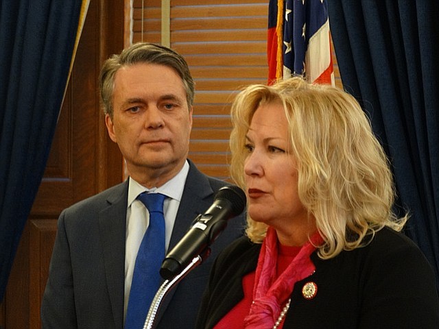 Lt. Gov. Jeff Colyer and Department for Children and Families Secretary Gina Meier-Hummel announce that they will seek an additional $16.5 million over two years to bolster child welfare programs at DCF, Monday, Jan. 8, 2018, in Topeka.