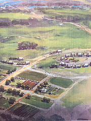 This portion of a painting by Charles Goslin shows a concept of early Monticello Township based on the late historian Bertha Cameron’s research. 