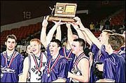 It was celebration time, above, for the Baldwin High School
Bulldogs after they were presented their third-place trophy at the
Class 4A State Basketball Tournament in Salina's Bicentennial
Center Saturday. Among those celebrating were, from left, Hugh
Murphy, Joe Kivett, Colin Barker, Blake Regnier and Ben Cosman.