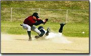 Eudora sophomore Andrew Pyle misses a tag on a Pleasant Ridge
baserunner during the Cardinal's close 4-3 loss. After Tuesday's
games, Eudora dropped to 0-2 on the season.