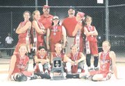The Tonganoxie Braves celebrate a tournament title last month in
Johnson County. On Monday, the team will compete in a national
tournament in Oklahoma City. Pictured front row from left are
Hannah Herrstrom, Sarah Flaherty, Ashlee Lohman, Sammi Rush and
Tracie Hileman; middle row, Melissa Pratt, Amie Riddle, Amanda
Albert, Holly Luke and Chrissie Jeannin; back row, coaches Pat
Albert and Craig Lohman.
