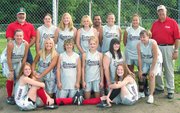 Members of the Tonganoxie Braves are, front row from left, Tracie
Hileman and Hannah Herrstrom; second row from left, Amy Theis,
Ashlee Lohman, Sami Rush, Amanda Darrow, Amanda Albert and Ally
Theis. Third row from left, coach Craig Lohman, Melissa Pratt, Amie
Riddle, coach James Grizzle, Chelsea Raines, Roxanne Grizzle,
Veronica Grizzle and coach Pat Albert.