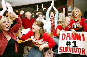 "Survivor" watchers and fans of Danni Boatwright cheer during the
season finale of "Survivor: Guatemala -- The Maya Empire." Sunday
night's watch party was held at Bichelmeyer's Steakhouse in
Tonganoxie. From front left are Barb Gangel and Elizabeth Paterson.
In the back are Jim Aziere, Joey Hovelsrud, Liz Hovelsrud, Kathy
Grote, Bev Aziere and Jacquie Aziere.