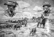 This sketch depicting two cowboys, John Smith on the left, and his
late father, T.J. Smith on the right, hangs over the mantle in the
home of John and Martha Smith. John and T.J. Smith both came to
Tonganoxie in 1966, to work at Paul McKie's Tailgate Ranch, south
of Tonganoxie along Leavenworth County Road 1.