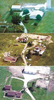 Top, this photograph of Florence Somers' farmstead west of
Tonganoxie was made in 1989. Middle, this photograph shows Florence
Somers' property as it appeared the day after the May 11, 2000,
tornado. Bottom, in this photograph, made a few weeks ago, the
damage to Florence Somers' property still is evident.