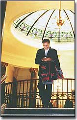 Dee Ketchum, chief of the Delaware Tribe of Indians, prepares to
leave the second floor of the Leavenworth County Courthouse last
Thursday after talking with county commissioners about the
possibility of building a casino in the county.