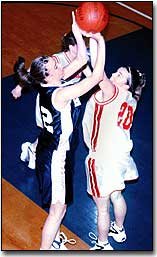 Aimee Eisman gets a piece of Jennifer Davenport's shot in
Saturday's Sub-State championship game against Topeka-Hayden. The
Chieftains lost, 30-42.