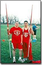 Brothers Tony and Andrew Miller stand together following the
Javelin throw. Tony took first place with a career-best throw of
161 feet, 3 inches. Andrew took third place with a throw of 148
feet, 7 inches.